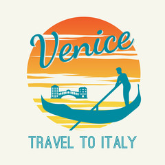 man row boat in Venice, famous landmark of Italy, on sunset time,vintage and classic color, silhouette shirt design