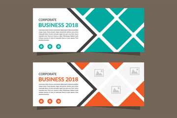 Templates of white vector horizontal web banners with arrows and a place for a photo. Minimalist design. Orange and green color