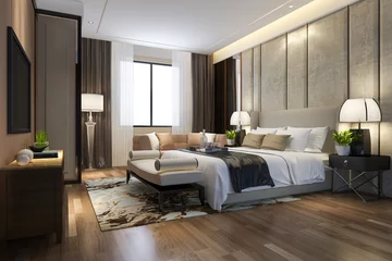 Fotobehang 3D-rendering mooie luxe slaapkamer suite in hotel met tv en werktafel © dit26978