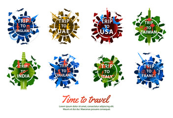 Naklejka premium bundle of famous landmark of the world silhouette style around text with colorful tone,travel and tourism