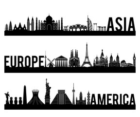 Fototapeta premium Asia Europe and America continent famous landmark silhouette style with black and white classic color design include by country name