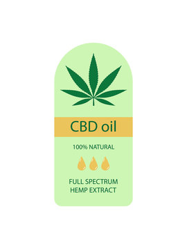 Hemp Oil Label, Leaf And Drop Of Hemp Oil. Cannabis Oil Extracts, CBD Or Cannabidiol, Full Spectrum Natural Hemp Oil. Medical Marijuana Logo. Vector Flat Illustration Isolated On White Background.