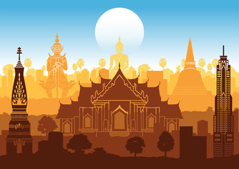 Thailand famous landmark silhouette style with step row design in orange and blue color