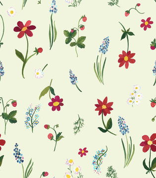 Retro vintage floral seamless repeat pattern with gentle flowers on an off-white ground