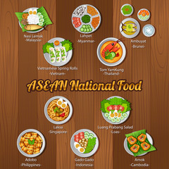 ASEAN national delicious and famous food.with wooden background