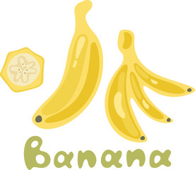 Bright vector set of bunches of fresh banana. Sweet cartoon single, peeled banana and bunch of bananas isolated on white background.