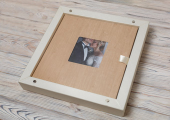 stylish  box for photobooks.. cardboard box for a family photo album .  Box with  wedding photo...