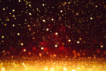 Christmas Background. Golden Glitter On Shiny Red