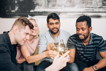 Friends having home party and celebrate meeting