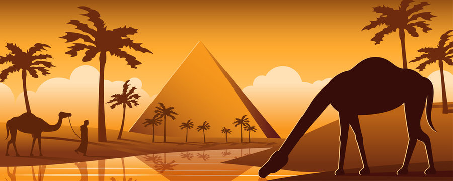 Camel drink water in oasis desert nearby Pyramid,silhouette cartoon design