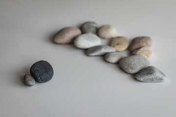 The concept of exclusion from the group made using colored stones on a white background. A reference to racism and religious, sexual or ideological intolerance.