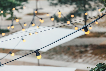 Decorative light bulbs outdoors. Party and illumination concept