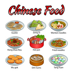 Set of delicious and famous food of Chinese in colorful gradient design icon