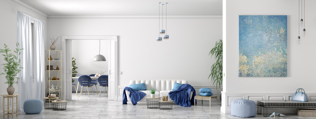 Fototapeta Interior design of modern scandinavian apartment, living room and dining room, panorama 3d rendering obraz
