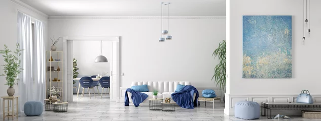 Fotobehang Interior design of modern scandinavian apartment, living room and dining room, panorama 3d rendering © Vadim Andrushchenko