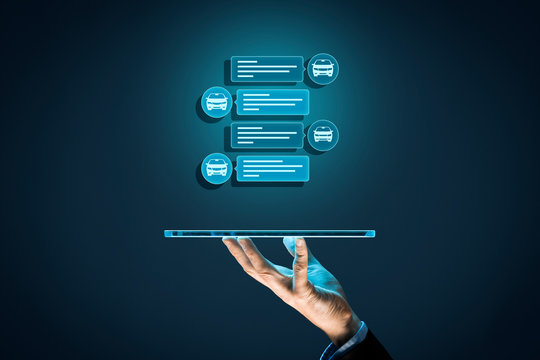 Carsharing, car rental and cars sale app on digital tablet