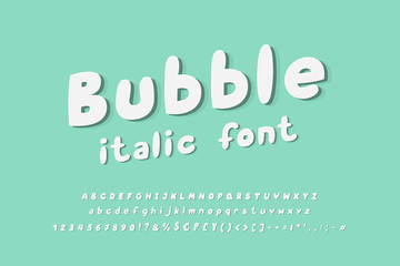 White Bubble Italic vector font. Uppercase and lowercase alphabet letters, numbers, currency symbols. Cartoon italic typeface for kids, games, toys design