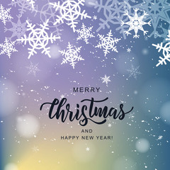 Fototapeta na wymiar Merry Christmas hand lettering on blur background with snowflakes. Typography for Christmas and winter holidays greeting card, invitation, banner, postcard, web, poster template. Vector.