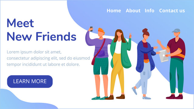 Meet New Friends Landing Page Vector Template. Teens Lifestyle Website Interface Idea With Flat Illustrations. Generation Z Homepage Layout. Using Gadgets Web Banner, Webpage Cartoon Concept