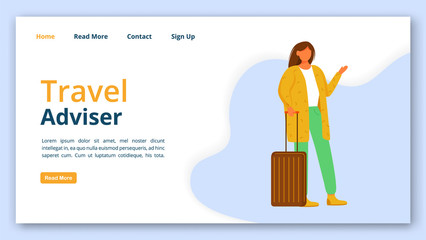Travel adviser landing page vector template. Tourist guide website interface idea with flat illustrations. Tour operator homepage layout. Voyager help web banner, webpage cartoon concept