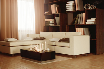 Classic style living room with sofas and bookshelves. 3D rendering illustration.