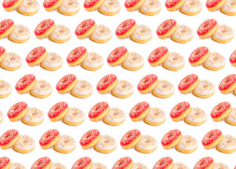 Flat lay donuts pattern on white background. Top view