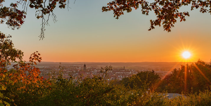Panorama view of historic old town of Amberg at sunset, Bavaria, Germany