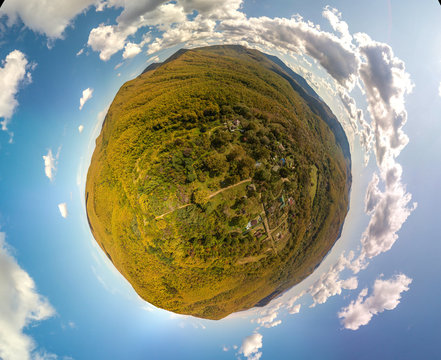 Sosnovaya Roscha village in the mountains of the Western Caucasus (South of Russia, not far from the city of Abinsk) - panoramic view of the "small planet"