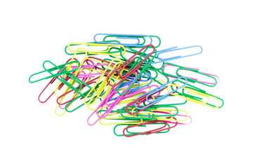 Pile of colored paper clips on white background. Decorative paper clips in pink, red, green, red and blue colors