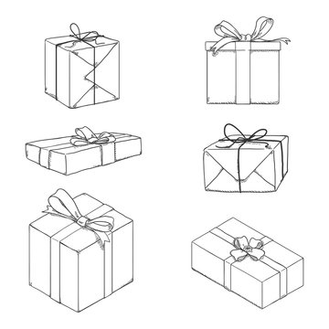 Vector Set of Sketch Gift Boxes with Ribbons and Bows.