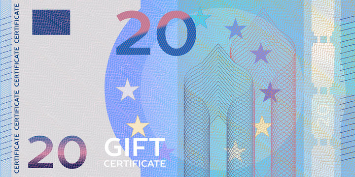 Voucher template banknote 20 with guilloche pattern watermarks and border. Yellow background for gift voucher, coupon, money design, currency,note, check, cheque, reward, certificate design