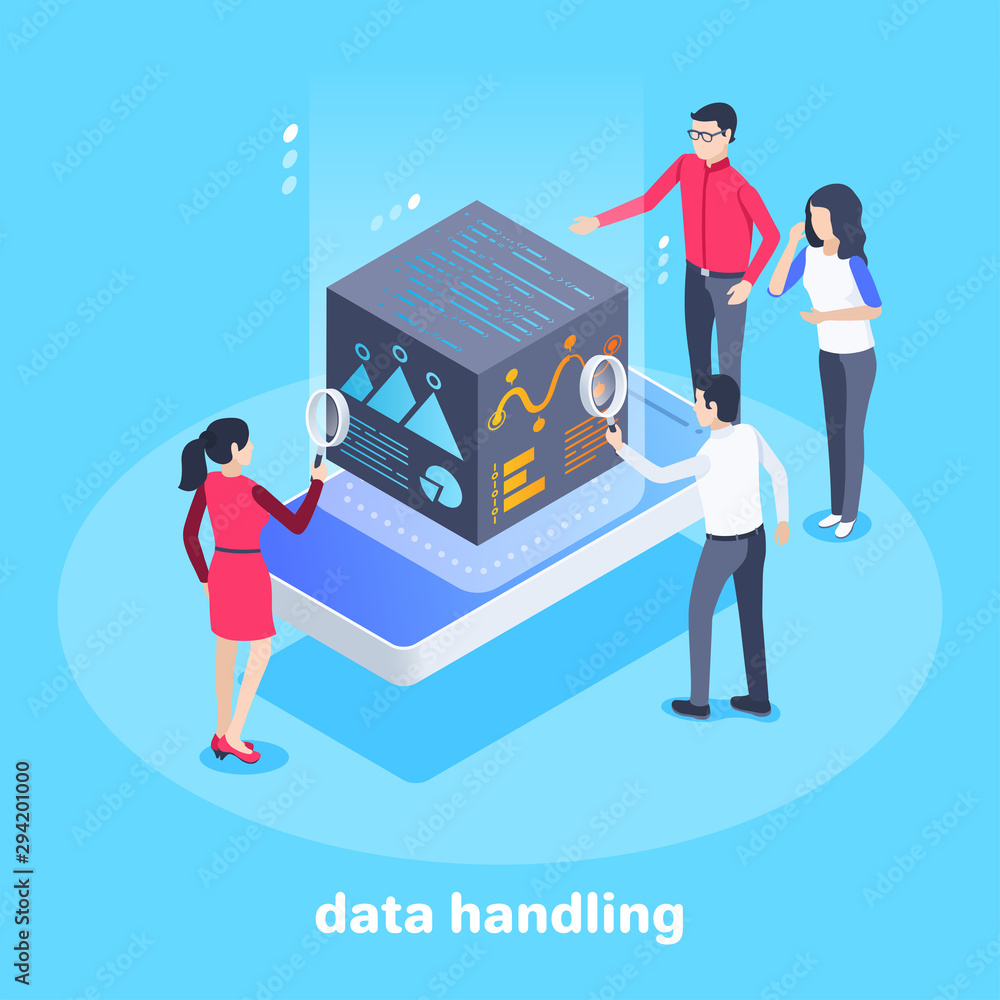 Poster isometric vector image on a blue background, business concept, people are studying information from 
