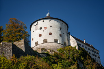 Kufstein fortress on a hilltop over river, Tyrol. The fortress dominated over the Inn river trade path in the Medieval era