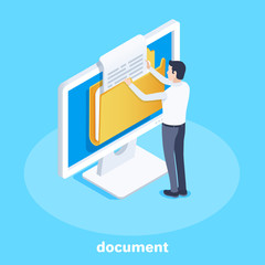 isometric vector image on a blue background, business concept, a man pulls out a document from a folder on a computer screen, office work with documentation