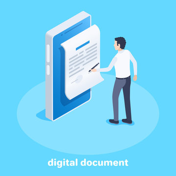 isometric vector image on a blue background, business concept, a man signs a digital document on a smartphone screen