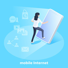isometric vector image on a blue background, business concept, a girl goes into the screen of a smartphone, mobile internet and using a gadget