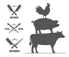 Butcher shop emblems with knives and axes. With rooster, pig and cow.