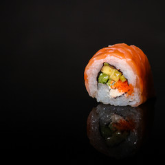 sushi rolls, traditional Japanese food (rice, nori and seafood) menu concept. food background. copy...
