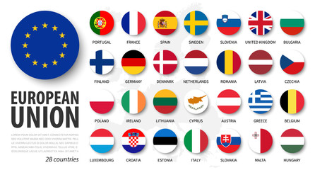 European union . EU and membership flags . Flat circle element design . White isolated background and europe map . Vector . - obrazy, fototapety, plakaty