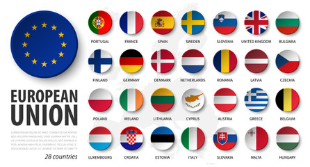 European union . EU and membership flags . 3D sink circle button element design . White isolated background and europe map . Vector .