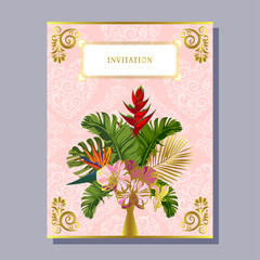 greeting invitation card template design with floral and tropical leaves background, exotic floral design for banner, flyer, invitation, poster, web site or greeting card. Vector illustration