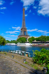 Paris Eiffel Tower and river Seine in Paris, France. Eiffel Tower is one of the most iconic...