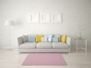 Mock up a bright living room with a bright stylish sofa and a fashionable bright background.