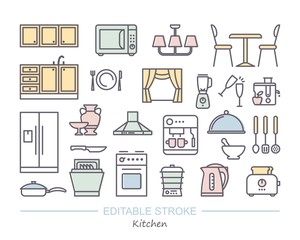 Kitchen Icon set. Linear icons with editable stroke