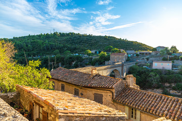 France, Languedoc-Roussillon, Herault, road bridge over the dried up river bed that encircles...