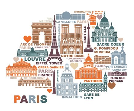 Vector stylized map of Paris with landmarks and symbols of France