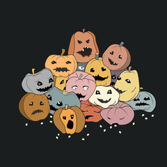 Vector Halloween illustration of pile of pumpkins with carved eyes and smiles with differrent face expressions. Flat style design for halloween greeting card, poster, web, banner