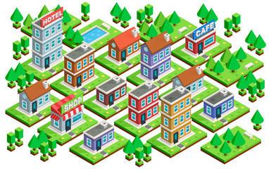 Fototapeta premium Big isometric set of buildings and houses. Infrastructure. Vector illustration.