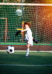 goalkeeper kicking the ball. Goalkeeper kicking ball away from goal on a clear day