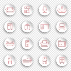 Linear furniture icons on round stickers with transparent shadows